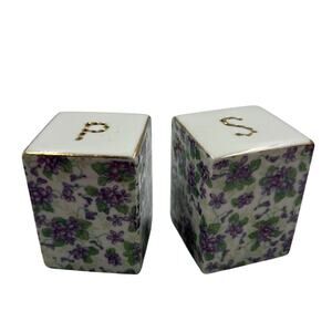 Vtg Lefton Porcelain Square All Over Purple Violets Floral Salt & Pepper Shakers